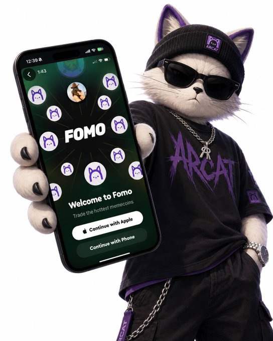 An anthropomorphic white cat wearing sunglasses, a black beanie, and an "ARCAT" branded shirt holds up a smartphone displaying the FOMO app welcome screen ("Welcome to Fomo — Trade the hottest memecoins") with a "Continue with Apple" login option. The image relates to the post by serving as a stylized promotional graphic for the ARCAT memecoin, visually tying the ARCAT brand (featured on the cat's clothing) to the FOMO trading platform where the technical issues were resolved.