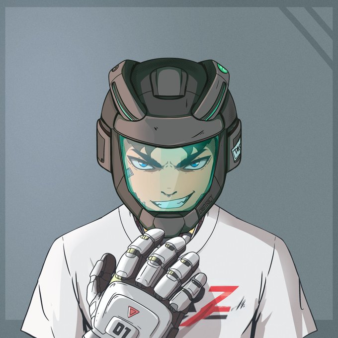 An anime-style illustration of a confident young man wearing a futuristic black helmet and white jersey, clenching a gloved fist with a red 'Z' logo on his chest.