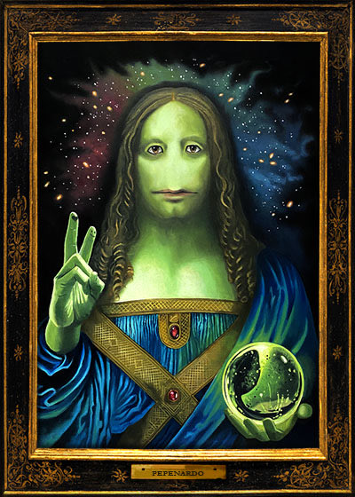 A surreal painted portrait of a green-skinned figure with long hair making a peace sign, wearing blue robes and holding a crystal orb against a cosmic starry background; the frame is labeled 'PEPENARDO'.