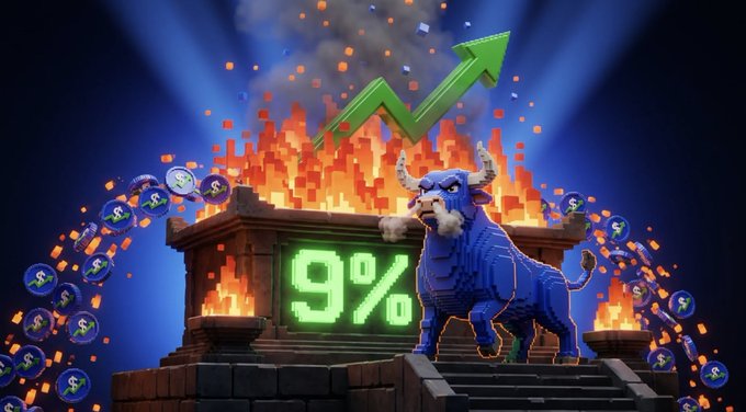 A 3D bull stands beside a fiery "9%" display with an upward green arrow, surrounded by burning token icons, visually reinforcing the post's message that 9% of $STONKEX supply has been permanently burned through buybacks driving ever-higher scarcity.