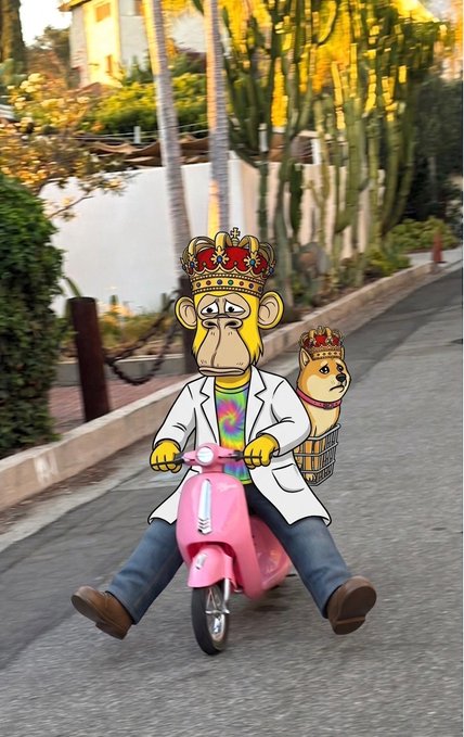 A cartoon monkey and dog, both wearing crowns, ride down a street on a pink Vespa scooter with the monkey driving and the dog in a side basket, matching the post's "let's ride" theme with a playful, regal twist.