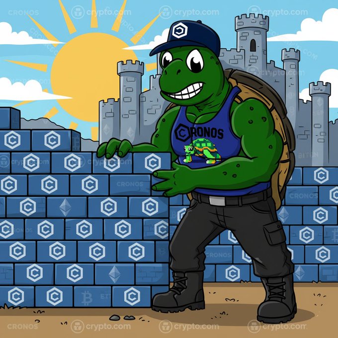 A cartoon turtle wearing a blue 'CRONOS' tank top and cap stands next to a brick wall made of Crypto.com logos, with a castle and sun in the background.