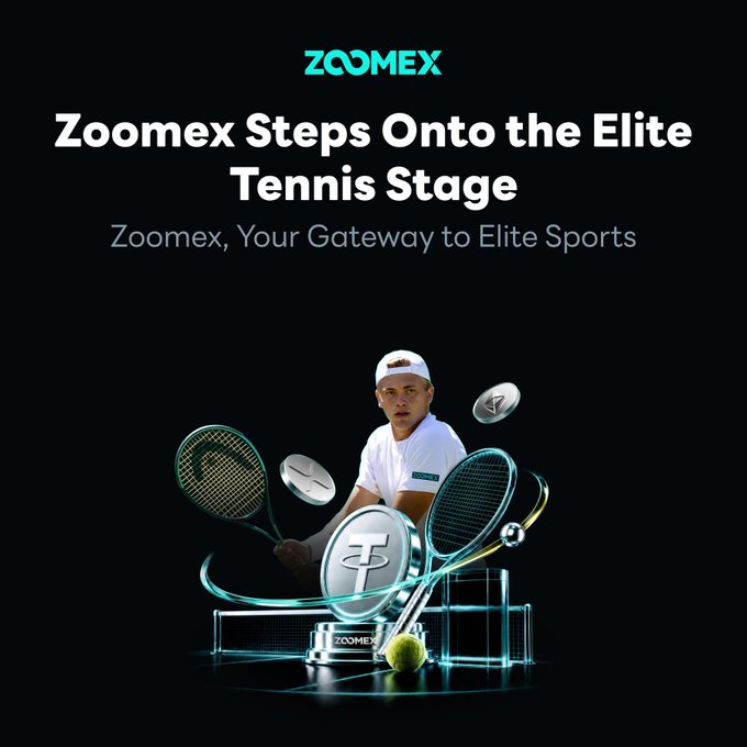 The image shows a Zoomex promotional graphic with the headline "Zoomex Steps Onto the Elite Tennis Stage" and tagline "Zoomex, Your Gateway to Elite Sports," featuring a tennis player surrounded by floating tennis rackets, a Tether (USDT) coin, and a Zoomex trophy on a court with a tennis ball. The visual reinforces the post's message by depicting elite tennis imagery that aligns with Zoomex's branding as a premium "Elite Access Platform" in the crypto exchange space.