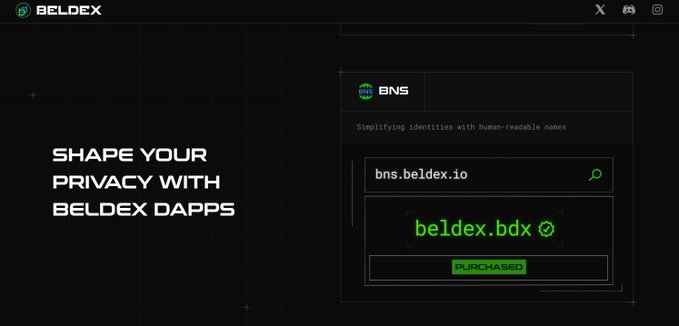 A dark-themed promotional graphic for Beldex Dapps reading "SHAPE YOUR PRIVACY WITH BELDEX DAPPS" and displaying a BNS identity (bns.beldex.io) mapping to beldex.bdx with a 'PURCHASED' status.