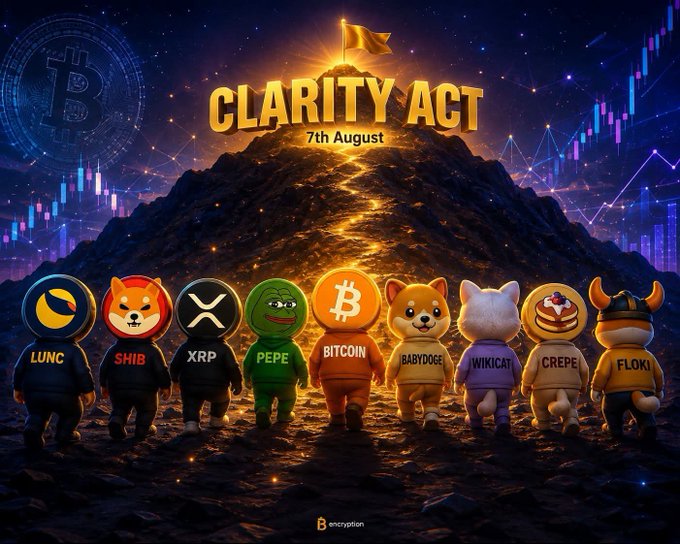 A promotional image for the 'CLARITY ACT' dated 7th August, depicting cartoon mascot characters representing cryptocurrencies LUNC, SHIB, XRP, PEPE, BITCOIN, BABYDOGE, WIKICAT, CREPE, and FLOKI standing before a mountain with a Bitcoin flag, set against a chart background.