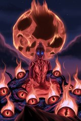 A digital artwork depicts a multi-armed demonic figure sitting amid swirling flames, with a large flaming skull hovering above its head.