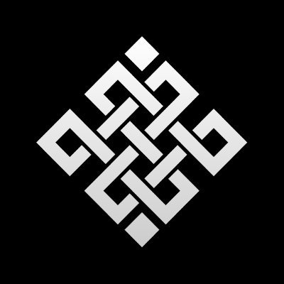 The image displays a stylized white geometric emblem resembling an endless knot against a black background, serving as a visual representation of the Ritual blockchain brand. The interconnected, symmetrical design aligns with the post's focus on Ritual's interconnected AI and blockchain infrastructure, where AI computation is woven directly into onchain systems.