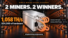 A promotional graphic announcing '2 MINERS, 2 WINNERS' from a 'SIMPLE MINING HYDRO GIVEAWAY' showing a miner with a hashrate of '1,058 TH/s' and '$24,500 of hardware'.