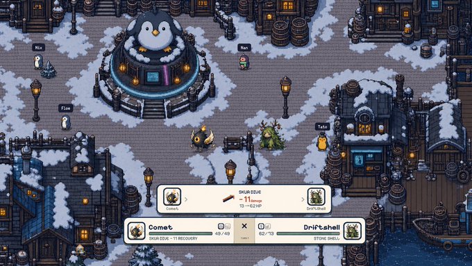 A screenshot from a pixel-art RPG video game showing a snowy town scene with various penguin characters labeled 'Pete', 'Elise', 'Tase', and a green dragon-like creature, with a battle interface at the bottom for characters 'Comet' and 'Drift Shell' showing 'SIGIL EDGE' recovery.