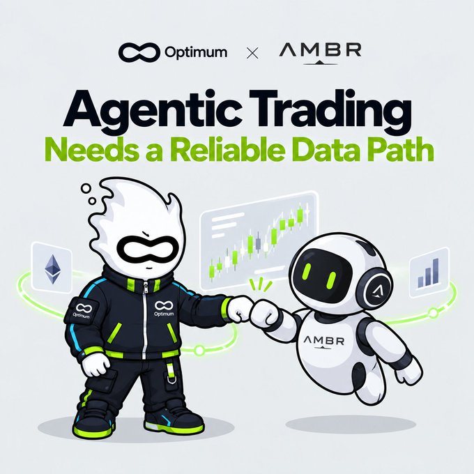 Promotional graphic for a collaboration between Optimum and AMBR, featuring cartoon mascots bumping fists with the headline 'Agentic Trading Needs a Reliable Data Path.'