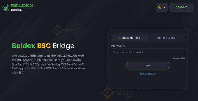 Screenshot of the 'Beldex BSC Bridge' web interface with a description explaining how it connects the Beldex network with the BNB Smart Chain for swapping BDX tokens, featuring 'CONNECT' and 'NEXT' buttons.