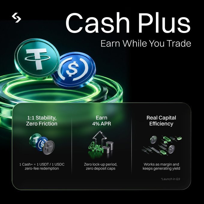 A digital advertisement for a cryptocurrency product called 'Cash Plus - Earn While You Trade', featuring features like '1:1 Stability, Zero Friction', 'Earn 4% APR', and 'Real Capital Efficiency'.