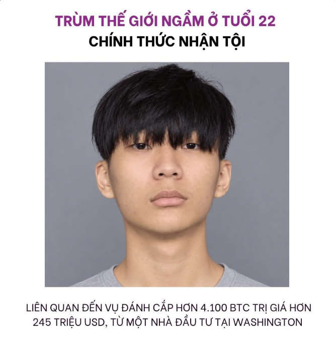 A Vietnamese news graphic with a mugshot-style photo of a young man with dark hair, headlined 'TRÙM THẾ GIỚI NGẦM Ở TUỔI 22 CHÍNH THỨC NHẬN TỘI' about a Washington investor linked to a hack of over 4,100 BTC worth $245 million.