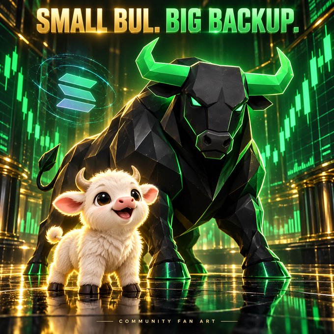 Stylized digital artwork titled 'SMALL BUL. BIG BACKUP.' featuring a small fluffy cow-like creature in front of a large black bull with green glowing horns, labeled 'COMMUNITY FAN ART'.