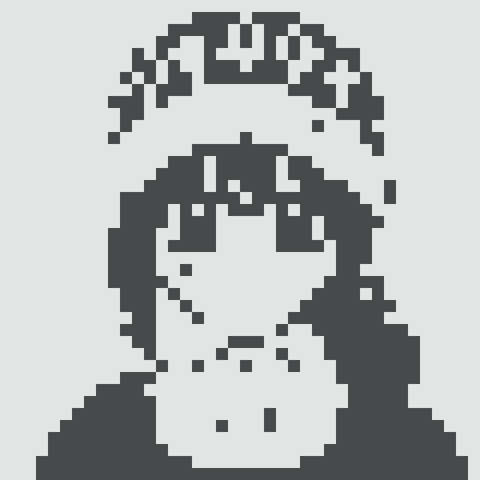 A pixelated black and white portrait of a person with bangs covering parts of their eyes.