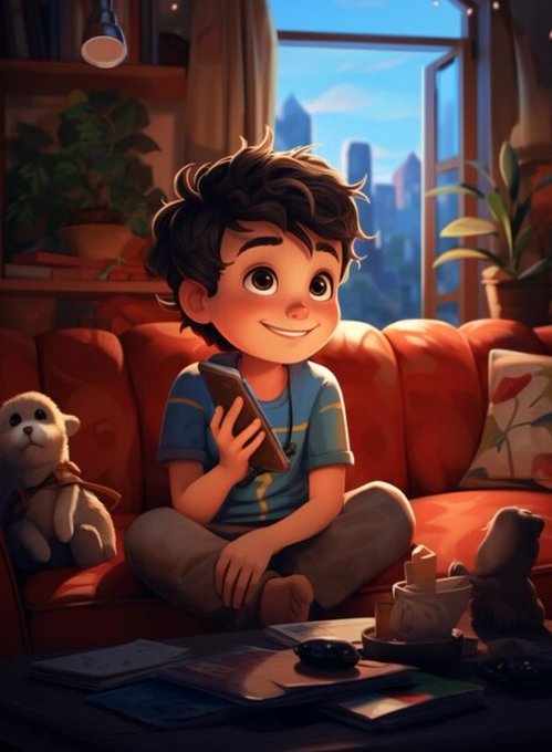 An animated-style illustration of a young boy with brown hair and a blue striped shirt sitting cross-legged on a red couch, smiling while holding a small book, with a stuffed animal and a window showing a city skyline in the background.