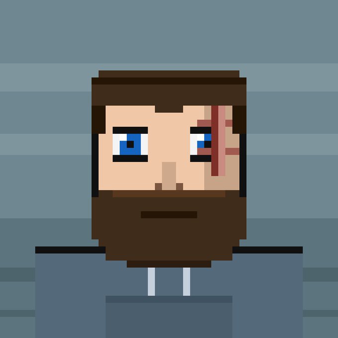 Pixel art style illustration of a bearded man with blue eyes and a red scar across one eye, reminiscent of Minecraft's aesthetic.