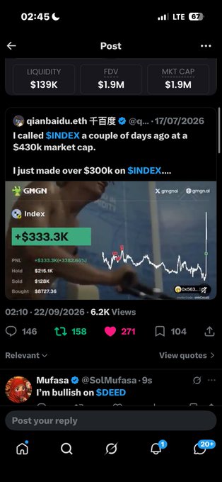 A mobile screenshot showing a post about '$INDEX' by qianbaidu.eth claiming a $300k profit at a $430k market cap, with stats like PNL +$333.3K (+3382.60%) and Held $215.1K.