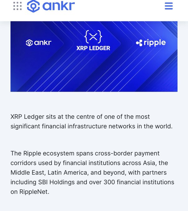 An Ankr webpage featuring logos for Ankr, XRP Ledger, and Ripple, with text highlighting XRP Ledger's role in financial infrastructure and Ripple's cross-border payment corridors.