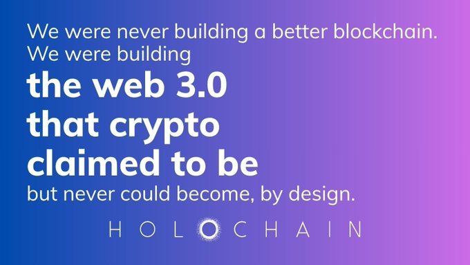 A purple gradient promotional image for Holochain reads: "We were never building a better blockchain. We were building the web 3.0 that crypto claimed to be but never could become, by design." The message aligns with the post's critique of crypto's financialized approach, positioning Holochain as an alternative that prioritizes its original vision of decentralized web infrastructure over speculative token-driven blockchain development.