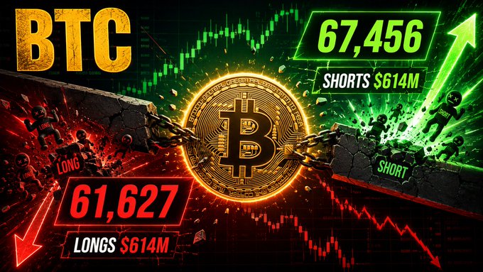 A Bitcoin graphic showing BTC breaking through a chain barrier, with a price of 67,456 and short positions of $614M versus 61,627 with long positions of $614M.