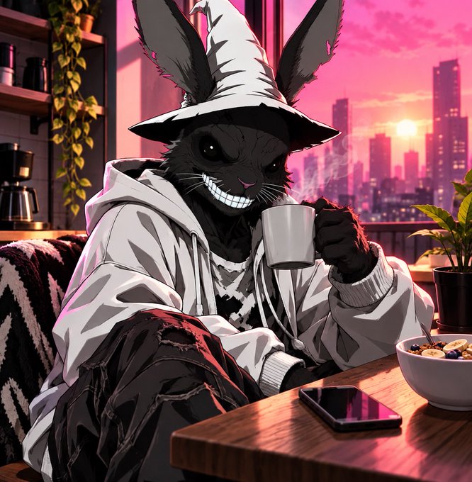 A digital anime-style illustration of an anthropomorphic black rabbit wearing a gray witch hat and white hoodie, smiling widely with prominent teeth while drinking from a steaming mug, seated at a wooden table with a bowl of food, a smartphone, and a potted plant, with a pink sunset cityscape visible through the window behind.