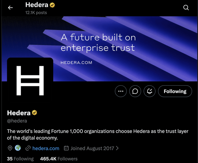 Screenshot of Hedera's (@hedera) X/Twitter profile showing their updated bio reading "The world's leading Fortune 1,000 organizations choose Hedera as the trust layer of the digital economy," matching the post announcing their new bio text.