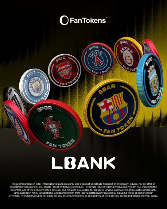 A promotional graphic for FanTokens available on the LOANK platform, displaying collectible coins featuring football club logos including Arsenal, Paris Saint-Germain, Galatasaray, Manchester City, FC Barcelona, and FC Porto.