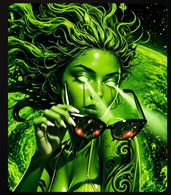 A vivid green-toned digital artwork of a woman with flowing green hair holding sunglasses while bright beams emit from her eyes, set against a planetary backdrop.