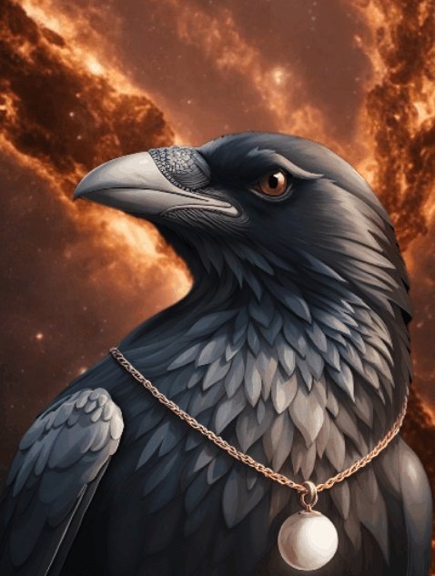 A detailed digital illustration of a black raven or crow wearing a silver chain necklace with a round pendant, set against a fiery cosmic nebula background.