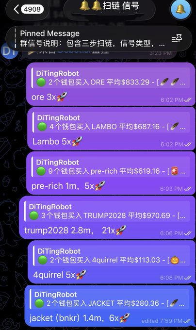 A Telegram group chat ("扫链-信号" channel 4908) shows the "DiTingRobot" posting automated trading signals of recent large wallet buys for meme tokens including ORE ($833.29 avg, 3 wallets), LAMBO ($687.16 avg, 4 wallets), pre-rich ($619.16 avg, 9 wallets), TRUMP2028 ($970.69 avg, 3 wallets), 4quirrel ($113.03 avg, 2 wallets), and JACKET ($280.36 avg, 2 wallets). The image supports the post's claim about NFT and memecoin breakout events by illustrating real-time whale wallet tracking signals for trending low-cap tokens.

**Visible tickers:** ORE, LAMBO, pre-rich, TRUMP2028, 4quirrel, JACKET

**Key numbers:** Average entry prices ranging from $113 to $970, with 2-9 wallets per signal, timestamped around 6:02-