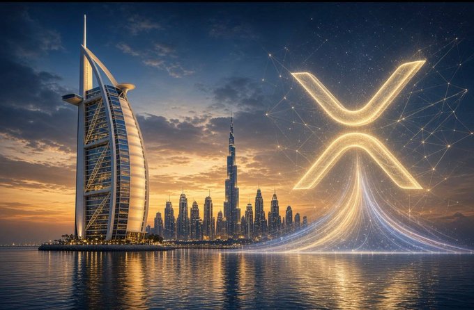 An artistic image showing the Burj Al Arab hotel and Dubai skyline at sunset with a glowing XRP (Ripple) cryptocurrency logo prominently displayed on the right side.