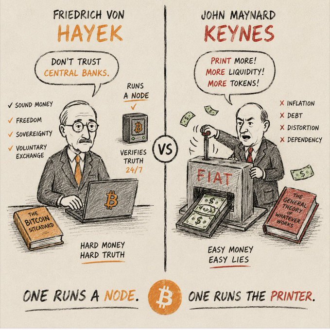 An illustration contrasting Friedrich von Hayek, advocating 'sound money' and Bitcoin, versus John Maynard Keynes, associated with fiat 'easy money' and inflation.