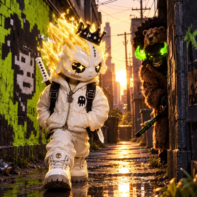 A stylized digital artwork of an urban alleyway at sunset, featuring a character in a white puffer jacket with glowing golden spiky hair and a crown, walking past graffiti, while a bear-suited figure with glowing green eyes hides behind a wall.