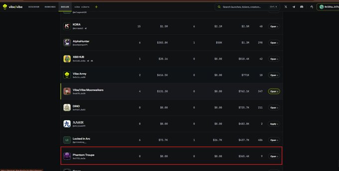 A screenshot of the vibevibe platform's 'SELLERS' dashboard lists various accounts, with a red box highlighting 'Phantom Troupe' showing $165.4K in trading volume.