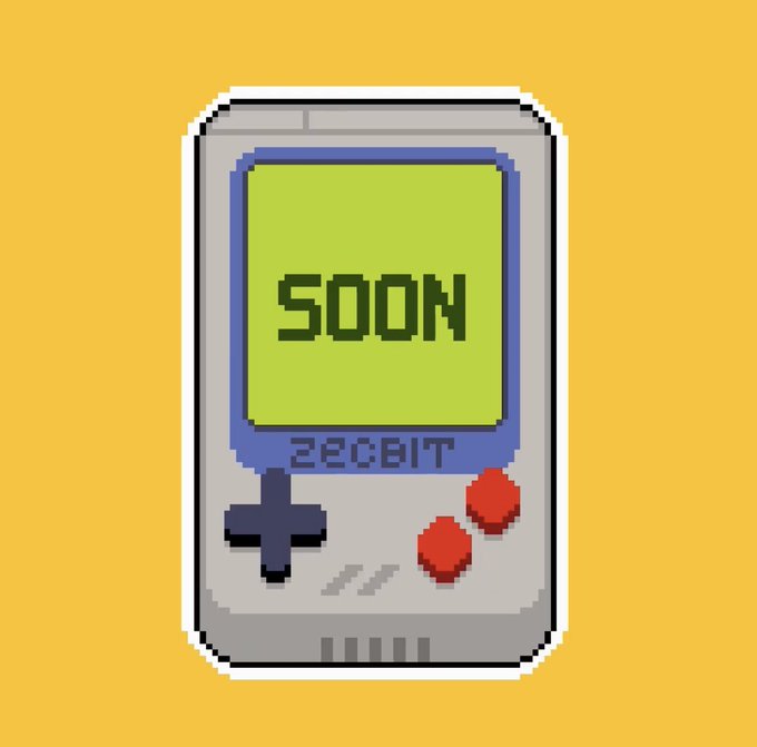 A pixel-art illustration of a retro handheld gaming device resembling a Game Boy, featuring a bright yellow-green screen displaying the word "SOON" and the text "ZECBIT" below it, set against a yellow background. This teaser image promotes the upcoming ZecBit NFT drop on Zcash, signaling that the free mint event will be launching soon.