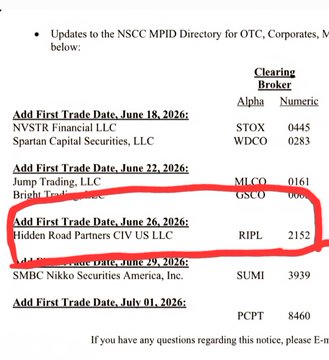 The image shows a DTCC NSCC MPID Directory update listing new clearing broker entries, with "Hidden Road Partners CIV US LLC" (MPID: RIPL, Alpha: 2152) circled in red, scheduled to have its first trade date on June 26, 2026. The post connects this to Ripple Prime's anticipated July 15, 2026 launch, suggesting the "RIPL" ticker entry is linked to Ripple's institutional clearing entry into the U.S. markets.