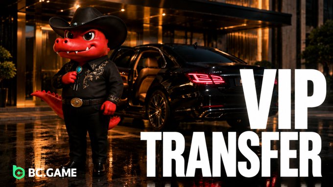 A promotional banner featuring a red crocodile mascot wearing a cowboy hat and holding a microphone, standing next to a black luxury SUV at night, with "VIP TRANSFER" text and the "BC.GAME" logo.