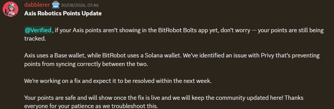 A screenshot of a Discord post from user "dabblerer" dated 30/08/2026, 07:46, titled "Axis Robotics Points Update". The text explains that if Axis points are not showing in the BitRobot Bolts app due to a sync issue between Base and Solana wallets, a fix is expected within the week.