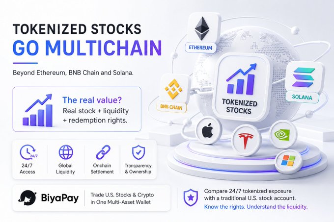 A promotional graphic for BiyaPay titled "TOKENIZED STOCKS GO MULTICHAIN," featuring logos for Ethereum, BNB Chain, and Solana alongside a central "TOKENIZED STOCKS" icon connected to Apple, Tesla, NVIDIA, and Microsoft, highlighting benefits like 24/7 access, global liquidity, onchain settlement, and transparency.

The image directly supports the post's message by visually illustrating the multichain expansion of tokenized stocks (mentioning BNB Chain's 709+ tokenized stocks) and showcasing the key advantages over traditional markets—24/7 trading, onchain settlement, and global liquidity—through icons and text in the graphic.