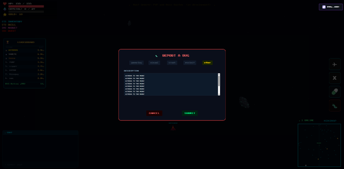 A dark screenshot from a video game interface showing a 'REPORT A BUG' popup window with description fields, system information, and cancel/submit buttons against a space-themed background.