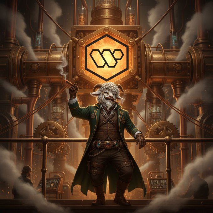 The image features a man dressed as a goat, standing on a balcony with his arms raised high above his head. He has a pipe in one hand and a pipe in the other, giving off an impression that he's smoking a pipe or puffing on a joint. The background of the image is filled with steam coming from pipes, creating an industrial atmosphere. There are also some text elements present in the image, including "quackers everywhere this morning" and "@wallchain", which could be related to the man's costume or the overall theme of the post.