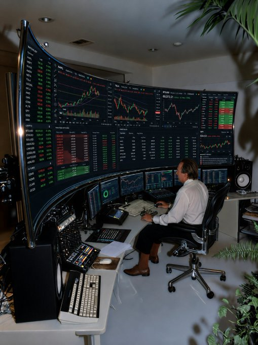 A man in a white shirt sits at a multi-monitor trading setup featuring crypto charts and tickers including BTCUSDT, ETHUSDT, SOLUSDT, and EURUSD, intensely monitoring price movements with a controller in hand—a fitting setup for the meme's joke of running a modest 3 SOL and 0.1 ETH portfolio like a high-stakes trading floor.