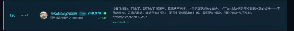 A screenshot of an X (Twitter) post by user @SohSxig26009 shows 248.97K views, 120 likes, and a Chinese language comment praising 'TermMax' with a t.co link.