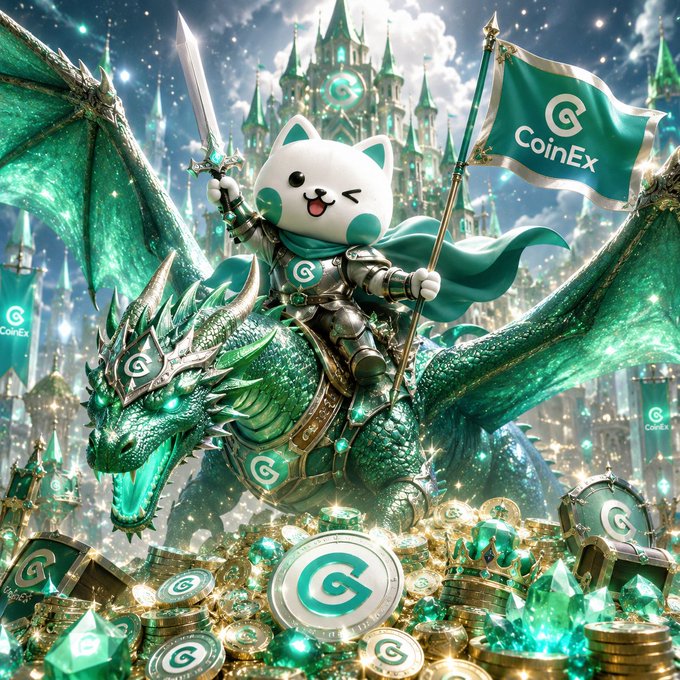 A fantasy illustration depicts a cute cat mascot in knight gear riding a green dragon, holding a 'CoinEx' flag amid piles of gold coins and a castle backdrop.