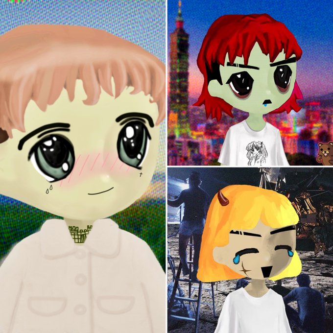 A collage of three cartoon avatars in the Gacha Life style, featuring a crying character on the left and two others with surprised expressions overlaid on cityscapes.
