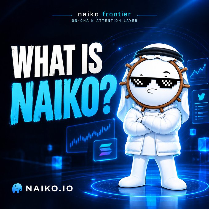 A promotional graphic asking 'WHAT IS NAIKO?' featuring a cartoon character wearing pixelated sunglasses and a white outfit, branded as 'naiko frontier' on-chain attention layer at naiko.io.