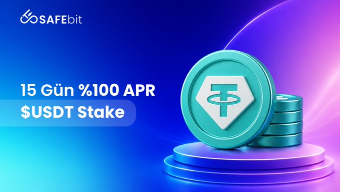 The image features a stack of blue coins, with one coin being a green coin that has a white logo on it. The text "SAFEbit'te USDT Stake Heyecanı Başladı!" appears below the coins, which is likely part of a promotional or marketing campaign for a cryptocurrency called "USDT". The image also includes some text about the USDT stake, stating that it's 15 gün and 100 APR.