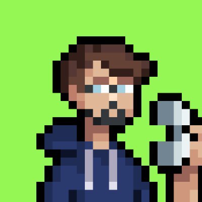 A pixel art illustration of a bearded man with brown hair and blue eyes, wearing a dark blue robe-like garment and holding a staff against a bright green background.