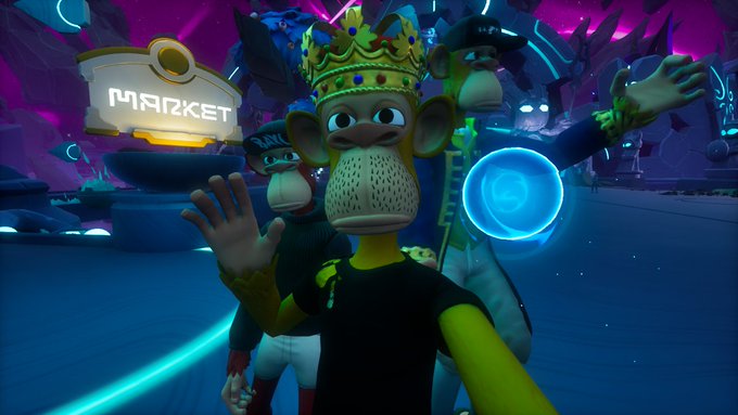 Three cartoon monkey characters wearing a golden crown appear in a vibrant virtual world with a 'MARKET' sign visible in the background.